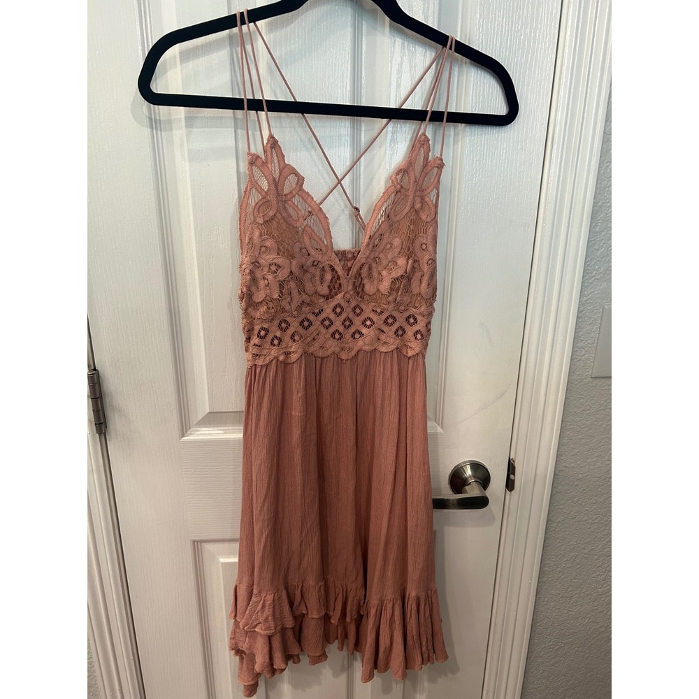 Free People Dusty Rose Lace-Trim Mini Dress